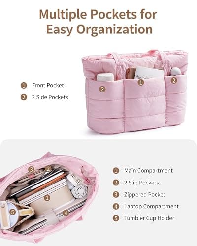 Narwey Nylon Puffer Tote Bag for Women, Quilted Travel Gym Nurse Work Bag | Aesthetic, Trendy, Puffy, Lightweight, 15.6 Laptop Sleeve, 40oz Tumble holder, Gifts, Shoulder Bag for Teacher, College thumbnail 4