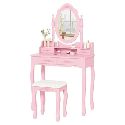 Alohappy Vanity Desk Set with Mirror & Stool for Girls, Makeup Vanity Table and Cushioned Stool Set with 4 Drawers, Wood Dressing Table for Bedroom (Pink) thumbnail 9
