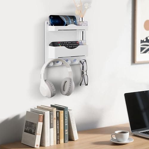 JUMEIHUI Bedside Wall Shelf with Glasses Hooks ，Adhesive Bedside Organizer Wall Mount for Dorm and Room Accessories Phone，Remote，Earphone， Kindle (White) thumbnail 8