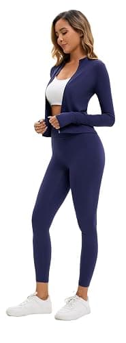 Belriviere Womens Two Piece Tracksuit Set Long Sleeve Zipper Jacket with Athletic High Waist Leggings Workout Set - S - Navy Blue thumbnail 7