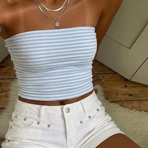 Women Cute Striped Tube Tops Y2K Aesthetic Strapless Bandeau Sleeveless Backless Crop Top Casual Spring Summer Going Out thumbnail 3