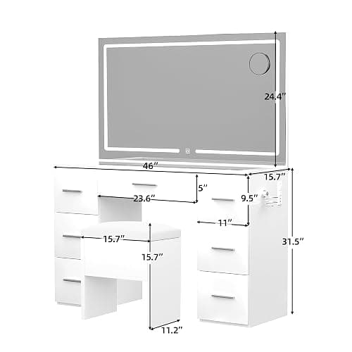 VALONDINO Makeup Vanity Desk with Power Outlet, 46'' Glass Top Vanity Set, 7 Drawers Vanity Table with Cushioned Stool, 3 Lighting Modes Brightness Adjustable,White thumbnail 2