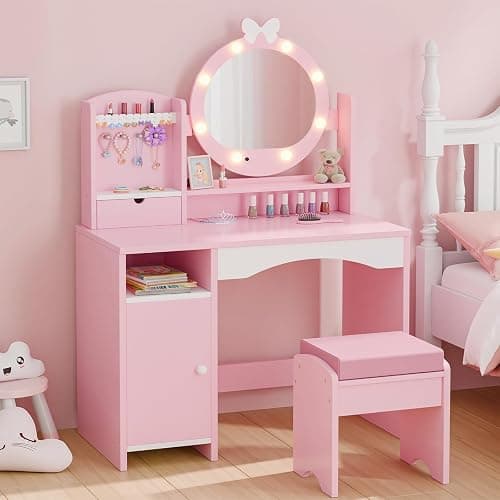 MU Kids Vanity Table and Chair Set – Princess Girls Vanity Set with Mirror, Lights, Jewelry Storage, and Cushioned Stool, Toddler Makeup Vanity for Little Girls (Pink) - Image 1