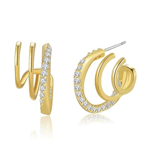 Obidos 14K Gold Plated Illusion Stud Earrings for Women | Triple Huggie Hoop Earrings for One Hole| Trendy Simple Hypoallergenic Fashion Accessories Gold Jewelry Gifts for Womens - Image 1