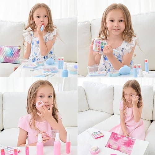 Pretend Makeup Kit for Girls, 11 Pcs Kids Cosmetic Pretend Play Beauty Make Up Set, Not Real Eye Shadow Blush Palette Lipstick wit Hand Bag, Blue thumbnail 6