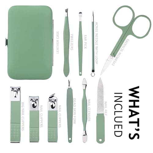 HANTEKAS Manicure Set 10 in 1 Stainless Steel, Nail Clippers Scissors Pedicure Tools Kit - Portable Travel Grooming Kit for Men and Women with Leather Case (Jade Green) thumbnail 2