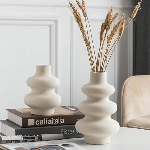 Sowlvenco Ceramic Vase Set of 2 - Off White Boho Round Vases, Modern Pampas Vases, Dried Flower Vase Home Decor for Centerpieces Wedding Dinner Table Party Living Room Office Bedroom - Image 1