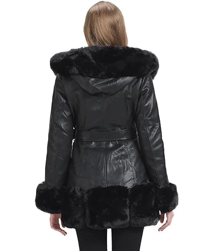 GRAN ORIENTE Women's Faux Leather Coat with Faux Fur Collar,Winter Warm Belted Mid Length Trim Jacket Fur Lined with Hood thumbnail 3