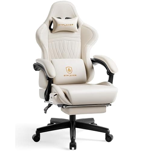 GTPLAYER Gaming Chair for Adults, Ergonomic Computer Game Chairs with Speakers, Footrest & Linkage Armrest, Reclining High Back Silla Gamer for Home Office, Ace Pro, Off-White - Image 1