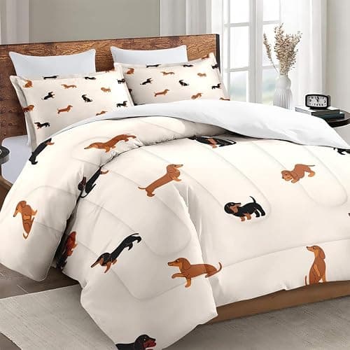 Zzzboro Comforter Set with 2 Pillowcases Queen Size, Cute Happy Dachshund Dog Puppy, Bedding Decor Cartoon Animal Pug Geometric Brown for Kids and Adults, Soft Cozy Bedroom Bed Set thumbnail 3