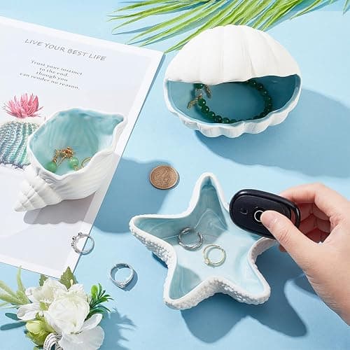 NBEADS Conch Shape Ceramic Jewelry Tray, Aqua Shell Trinket Dish Ceramic Ring Earring Holder Ocean-themed Decorative Trinket Plate for Rings Earrings Necklaces Bracelet Jewelry Watch Keys thumbnail 2