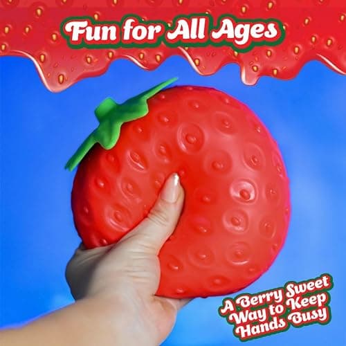 Sunny Days Entertainment Strawberry Squishy - Jumbo Stress Ball - Ages 3+ | Thermoplastic Rubber TPR, 5.75 x 5 x 5 in, Extra Large Size, Red Color, Fruit Theme, 0.9 lb Weight, Small Parts Warning thumbnail 5