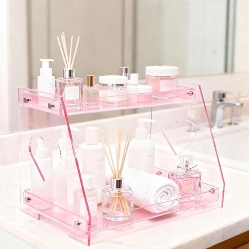 ROYALITA 2 Tier Pink Heart Bathroom Countertop Organizer Display Shelf, Acrylic Tray Makeup Perfume Storage Organizer for Dresser Vanity, Spice Rack, Skincare, Coffee Bar, Valentine's Day - Image 1