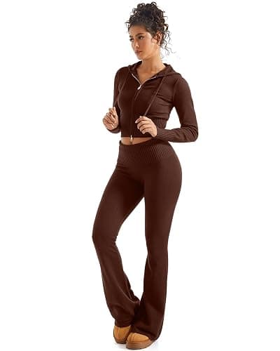 SUUKSESS Women 2 Piece Knit Sets Cropped Zip Up Hoodie Foldover Flare Leg Pants thumbnail 5