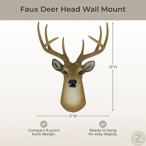 HD 8 Point Buck Wall Mounted Fake Deer Head - Faux Taxidermy Antler Animal Sculpture - 13 Inch High Resin Fall Dining Room Wall Decor and Rustic Cabin Decoration | Brown Hand-Painted Resin, Natural Highlights and Texture, 11 Inch Wide, 9.25 Inch Deep thumbnail 3