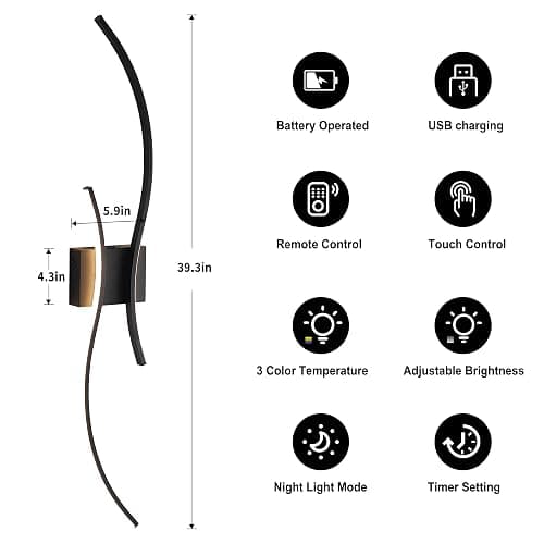 KARTOOSH Battery Operated Wall Sconces Set of Two with Remote Control, Stepless Colors 3000K-6000K & Dimming, LED Black Wireless Wall Light for Living Room, Hallway, Bedroom, 39.3 Inch (2 Pack) - Black - 39.3 Inches (2 pack) thumbnail 5