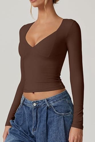 QINSEN Women's Long Sleeve V Neck T Shirts Double Lined Crop Top Seamed Cup Going Out Tops thumbnail 4