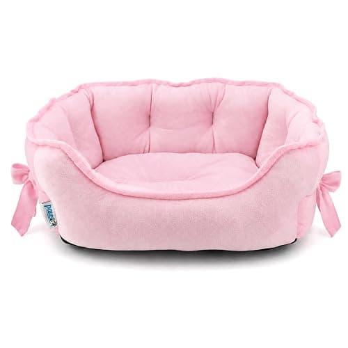Pink Dog Bed for Small Breeds Breathable Princess Bowknot Puppy Cat Cushion | Soft Short Plush Cover PP Cotton Filling Moisture-Resistant Nonslip Oxford Base Lightweight Sofa Ideal Kittens Naps Lounging - Image 1