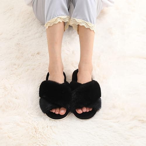 Evshine Women's Fuzzy Slippers Cross Band Memory Foam House Slippers Open Toe thumbnail 7
