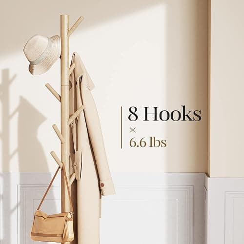 Pipishell Coat Rack Sturdy Wooden Coat Rack Stand, Adjustable Coat Tree, Free Standing Tree Hanger with 4 Sections & 8 Hooks, for Home/Bedroom/Office/Hallway/Entryway thumbnail 2