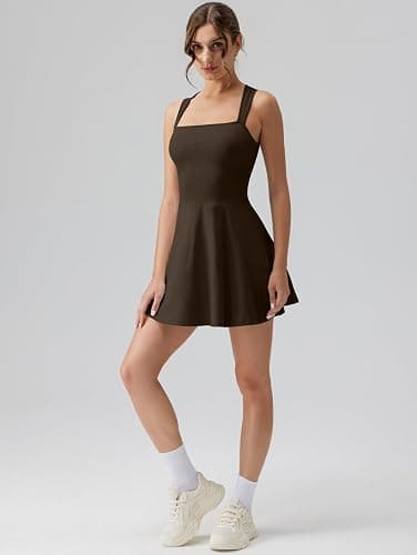 OQQ Women's Square Neck A-line Dress Sleeveless Tank Top Stretch Flare Mini Dresses - Darkbrown - Small thumbnail 4