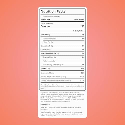 Clean Simple Eats Clear Protein + Energy Drink, 20G Grass Fed Whey Protein Isolate, 100MG Natural Caffeine, L Theanine & Cognatiq, No Artificial Ingredients, Sun-Kissed Peach Flavor, 16 Oz Cans, 12 Pk thumbnail 2