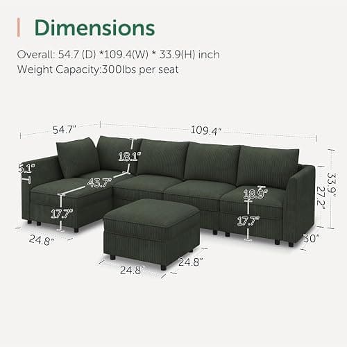 HONBAY Modular Sectional Sleeper Sofa Green Couch L Shaped Sectional Sofa with Storage, Convertible Couches for Living Room - Green thumbnail 8