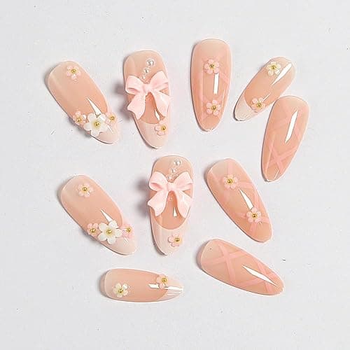 Flower Press on Nails Acrylic French Fake Nails Almond Full Cover False Nail Tips Medium Nails Pink Bow Handmade Nail Reformation for Women and Girls 24PCS thumbnail 4