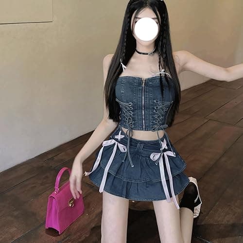 RILGOU Y2K Gothic Kawaii Elastic High Rise Ribbon Pleated Denim Short Skirt | Cutecore, Preppy Clothes, Cute Casual Style, Streetwear, Athleisure, Coquette, A Line, with Shorts Underneath, For Daily Wear thumbnail 2