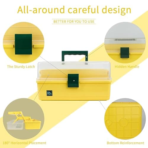 Creahaus 13 inch Art Craft Organizer Storage Box with 3 Layer, Multipurpose Plastic Tool Box with Handle for Sewing, Art Supply, Medicine, Nail, Hair Accessories (Yellow) thumbnail 3