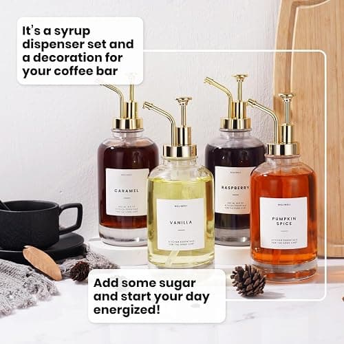 Molimoli Coffee Syrup Dispenser for Coffee Bar, Coffee Pump Dispenser, Glass Syrup Bottle w. Pump, Maple/Coffee Syrup Bottles, Set of 4 w. Labels, Gold thumbnail 9