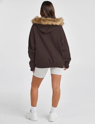Lauweion Womens Faux Fur Trim Zip-Up Hoodie Fleece Lining Casual Oversized Hooded Sweatshirt with Pockets thumbnail 2