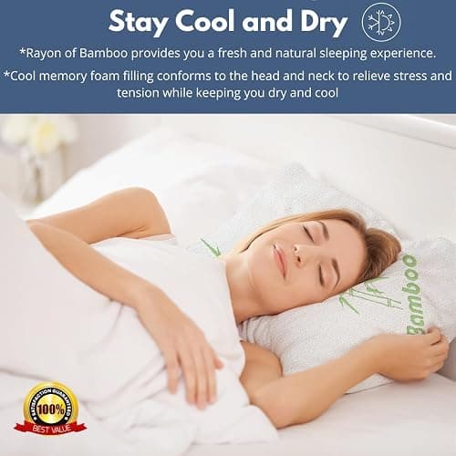 Memory Foam Rayon Bamboo Pillows Queen Size Set of 2 for Sleeping [Adjustable] - Cool & Breathable Cover with Zipper Rayon Bamboo Pillowcase - Relieves Neck Pain - Back/Stomach/Side Sleeper thumbnail 2