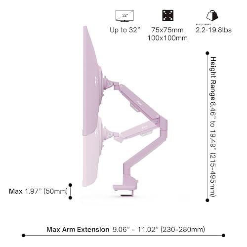 Pixio PS1S Wave Pink Single Monitor Arm Stand Desk Mount - Fits up to 32 inches Monitors and up to 19.8lbs. VESA Compatibility and Integrated Cable Management thumbnail 4