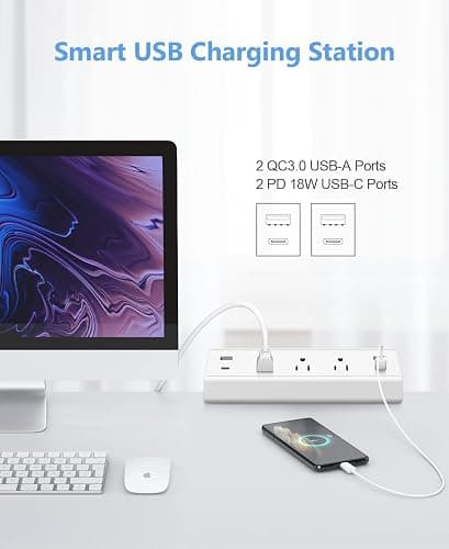Jgstkcity Desk Clamp Power Strip,40W Total Fast Charging Station,2 PD 20W USB C Ports,Desk Edge Mount Surge Protector for Home, Office,3 Outlets,Fit 1.96" Tabletop Edge,ETL Listed,White thumbnail 3