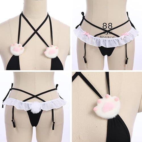 ABAFIP Womens Cute Cat Kitten Lingerie set Micro Bikini Strappy Tiny Bra Mini Panty Extreme Swimsuit thumbnail 6