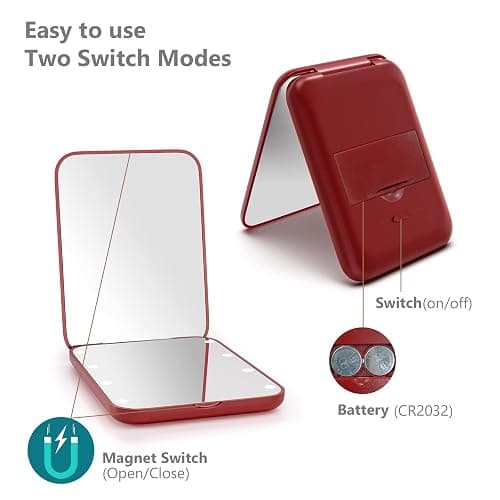 Kintion Pocket Mirror, 1X/3X Magnification LED Compact Travel Makeup Mirror with Light for Purse, 2-Sided, Portable, Folding, Handheld, Small Lighted Mirror for Gift, Wine Red thumbnail 6