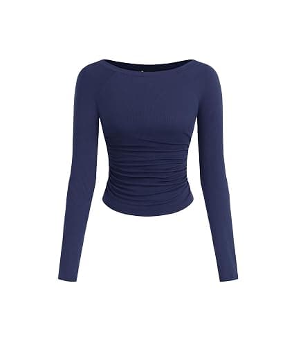 PRETTYGARDEN Long Sleeve Shirts for Women 2025 Fall Ruched Sides Boat Neck Basic Tee Casual Fitted Ribbed Knit Crop Tops - Image 1