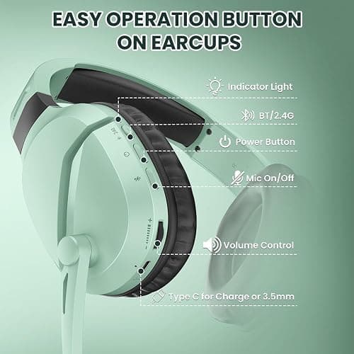 WolfLawS Wireless Gaming Headset with Noise Canceling Microphone for PS5, PC, PS4, 2.4G/Bluetooth Gaming Headphones with USB and Type-c Connector, Wired Mode for Controller (Green) thumbnail 7
