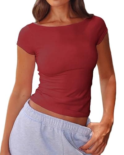 Mousnipy Women's Sexy Boat Neck Short Sleeve Baby Tees Soft Cotton Summer T-Shirts - Image 1