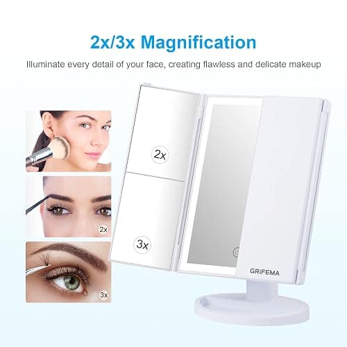GRIFEMA Specchio per Trucco Trifold con Luce a 32 LED, con Illuminazione, Ingrandimento 3/2/1, Specchio da Tavolo Touch, Regolabile a 180°, USB e Batteria, Bianco thumbnail 5