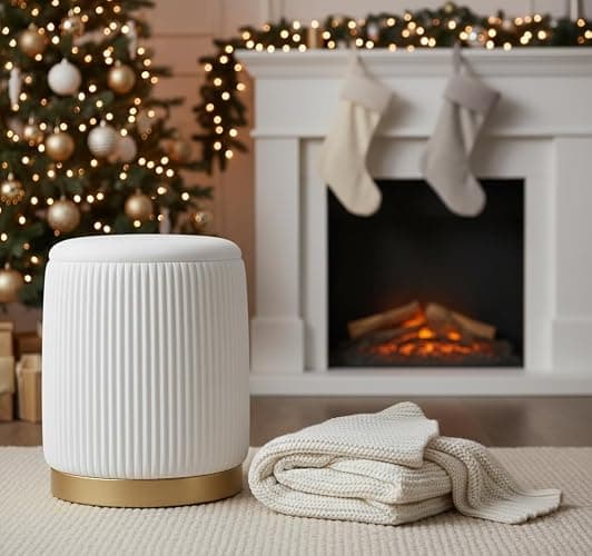 Boahaus Cersei White Velvet Vanity Ottoman with Hidden Storage, Makeup Chair for Vanity Desk, Elegant Foot Rest Stool with Gold Base for Bedroom, Living Room & Dressing Area (Pure White) thumbnail 2
