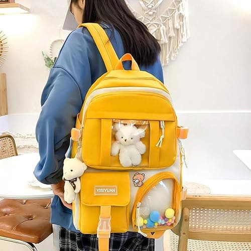 Lifelix Kawaii Backpack for Girls 5 Pcs School Bookbag Cuet Kids Schoolbag with Accessories Crossbody Bags Pencil Case Handbag Coin Purse (Yellow) thumbnail 3