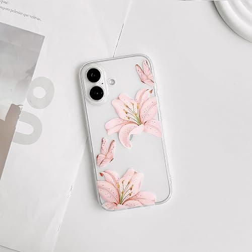 NITITOP Compatible with iPhone 16 Plus Case Clear Cute Butterfly Lily Flower Floral Pattern for Women Girls Full Camera Lens Clear Slim Shockproof Protective Phone Cover - Light Pink thumbnail 2