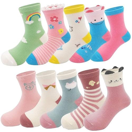 Zumou Toddler Kids Little Girls Cute Cotton Crew Socks 10 Pack - 5-7 Years - Rainbow - Image 1