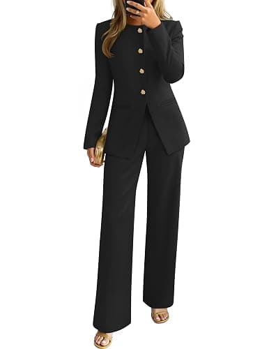 ZESICA Women's 2025 Fall Two Piece Suits Set Casual Business Long Sleeve Blazer Jacket Wide Leg Pants Work Outfits Sets - Image 1