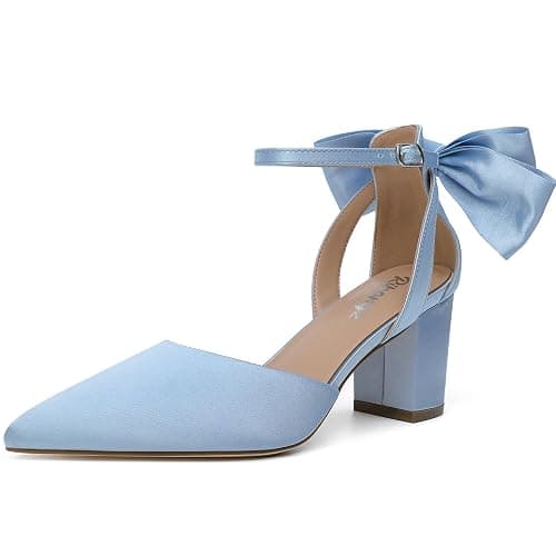 RIBONGZ Wedding Bridal Shoes for Women Chunky Block Heel Pumps Closed Pointed Toe Heels with Elegant Bow Knot Comfort Evening Party Prom Office Shoes - Image 1