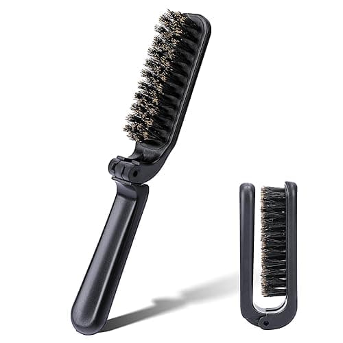 Mozeat Lens Folding Boar Bristles Brush, Collapsable Pocket Hair Brush with Natural Bristles, Anti-Static Range Hair Brush, Mini Beard Brush, Portable Hair Styling Tool for Women and Men - Black
