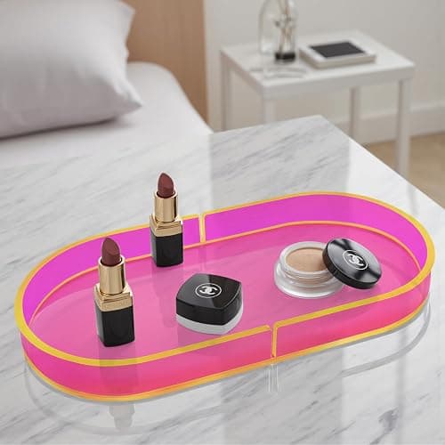 Acrylic Decorative Vanity Tray Perfume Jewelry Trinket Tray for Bathroom Counter Soap Toilet Tank Sink Small Candle Catch All Organizer, 12.6x6.3 Inches, Neon Pink thumbnail 6