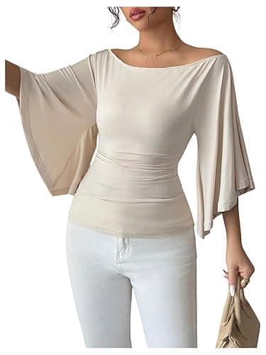 OYOANGLE Women's Bell Sleeve Tops Off The Shoulder T Shirts Slim Fitted Dressy Casual Blouses - Image 1